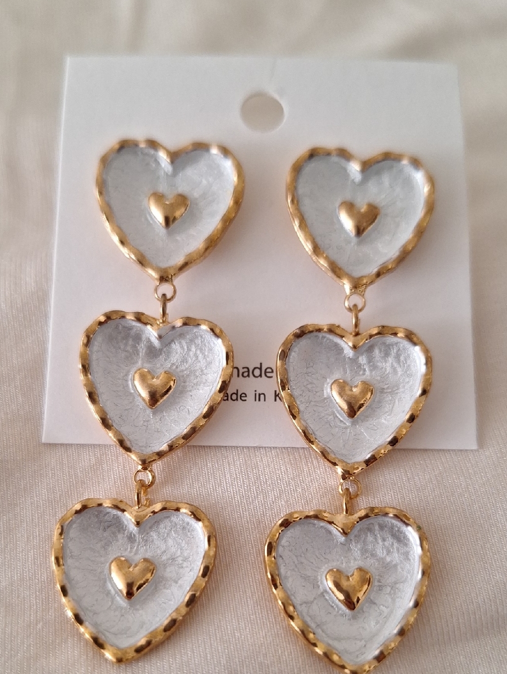 Triple Heart Drop Earrings in White Enamel and Gold - Women Jewelry